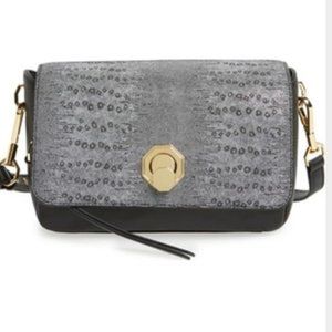 Louise et Cie | Alis Crossbody Handbag Black Leather Grey Lizard Print Purse